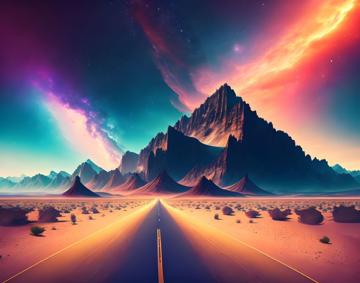 Colorful surreal landscape with straight road and majestic mountains under vibrant sky.