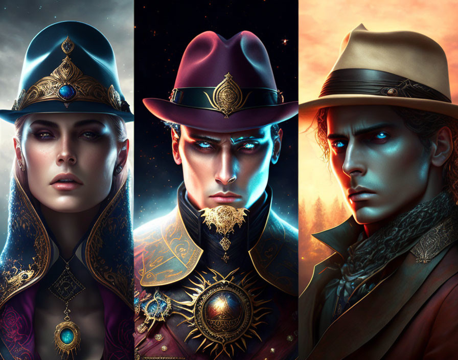 Three Fantasy Portraits with Intricate Headwear: 2 Males, 1 Female, Sharp