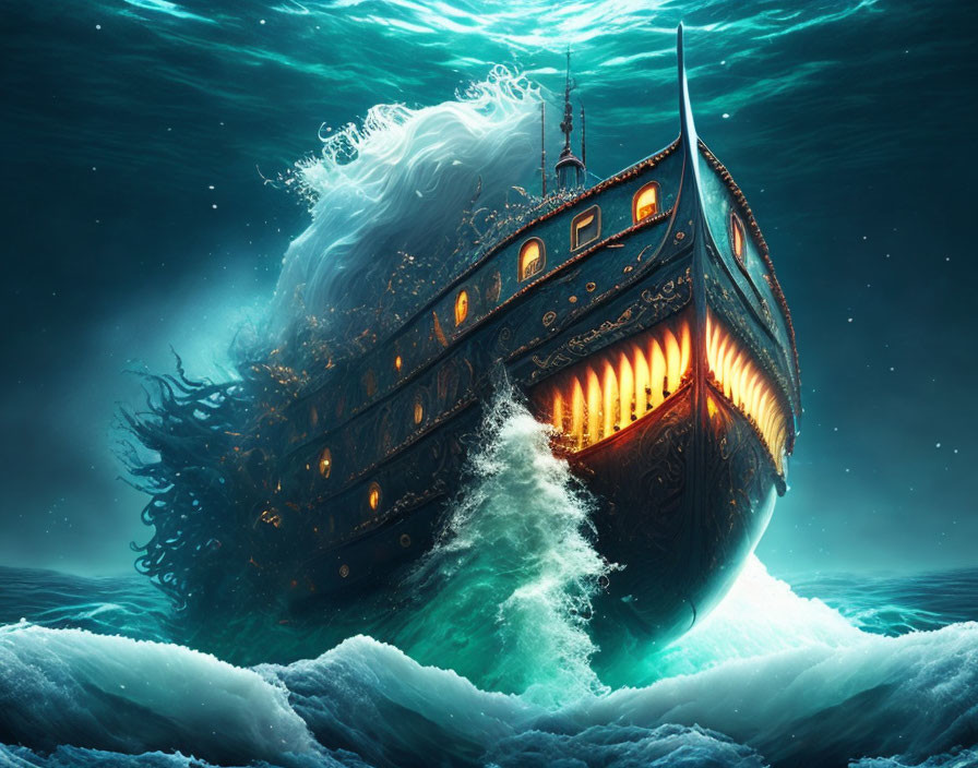 Detailed artwork of an old ship sailing on turbulent seas with mystical waves