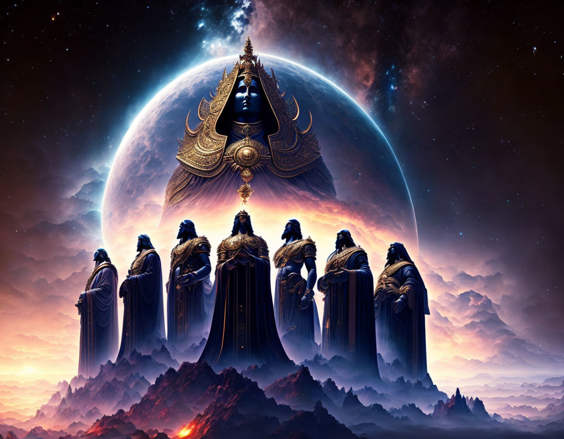 Fantasy art: Robed figures at colossal statue with surreal planet backdrop