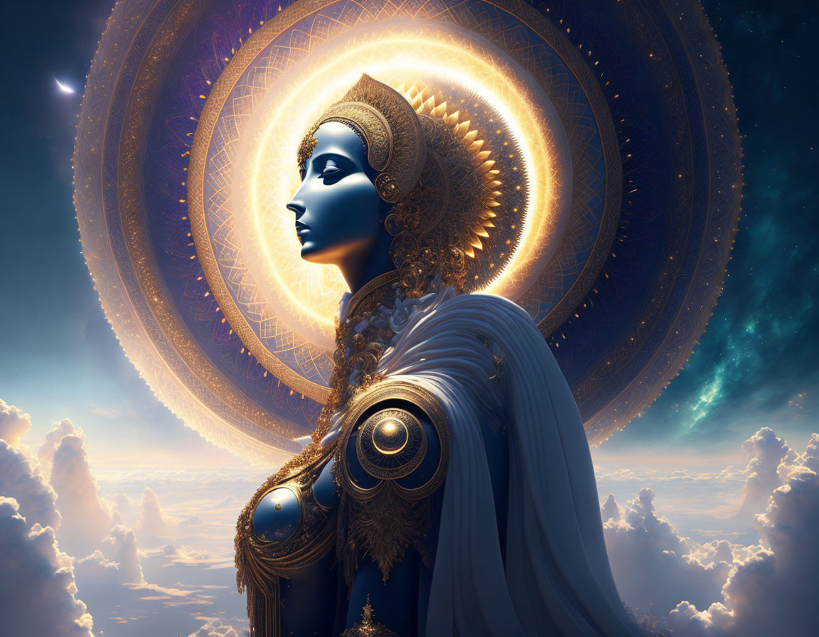 Celestial Blue Figure in Golden Headgear on Cosmic Background