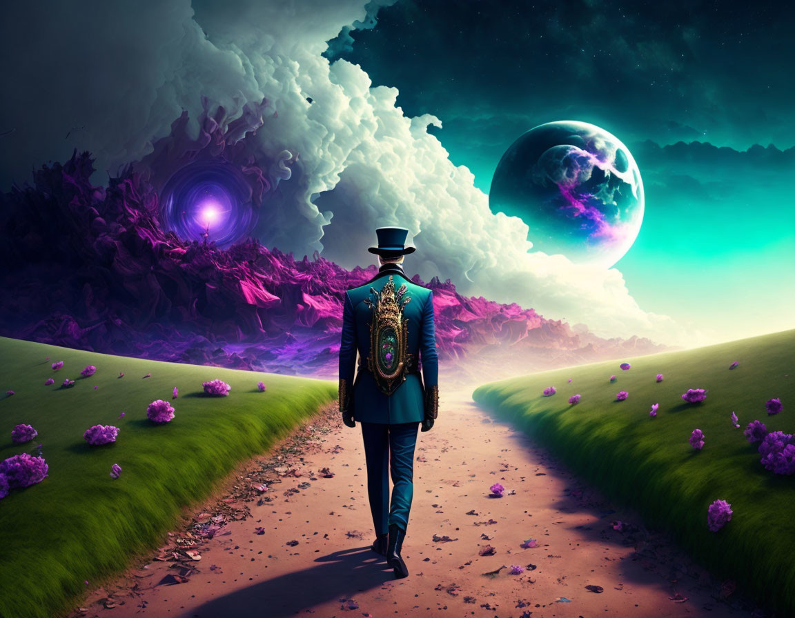 Figure in Vintage Coat and Top Hat at Surreal Crossroad with Alien Landscape, Portal, Purple Terrain