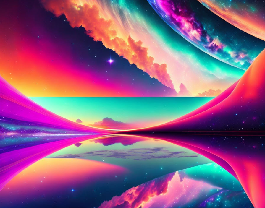 Surreal cosmic landscape with bright colors and celestial bodies