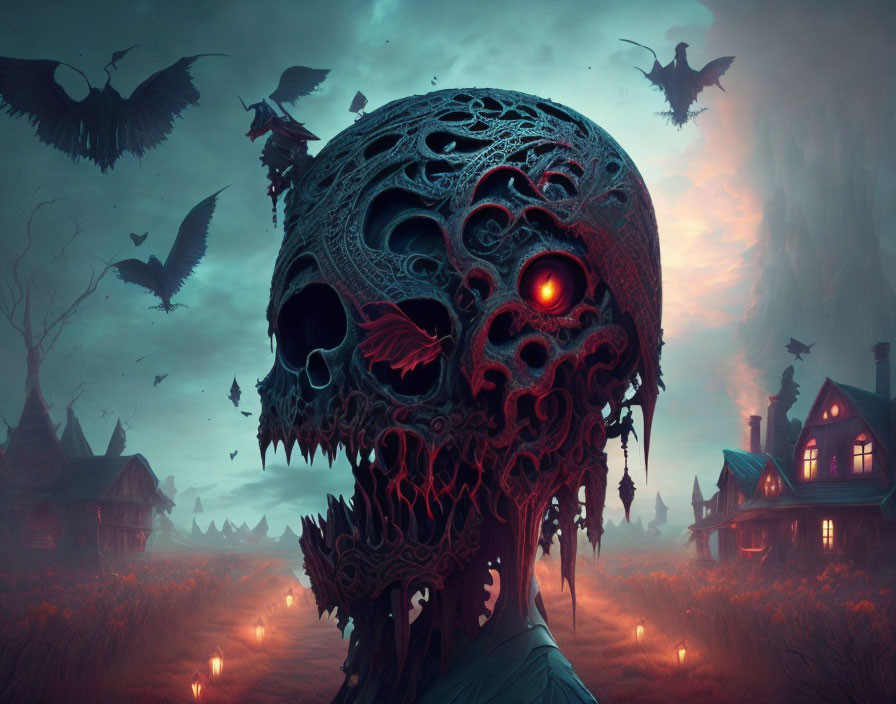 Ornate skull with glowing red eye in eerie landscape