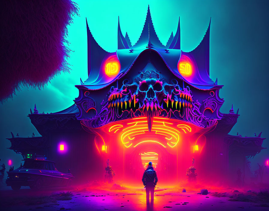 Futuristic neon-lit temple with alien structures and classic car under purple sky