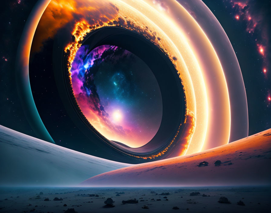 Surreal space scene with fiery rings above alien landscape