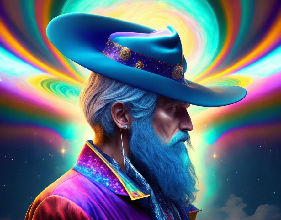 Colorful portrait of a man with blue beard in cosmic attire on rainbow backdrop