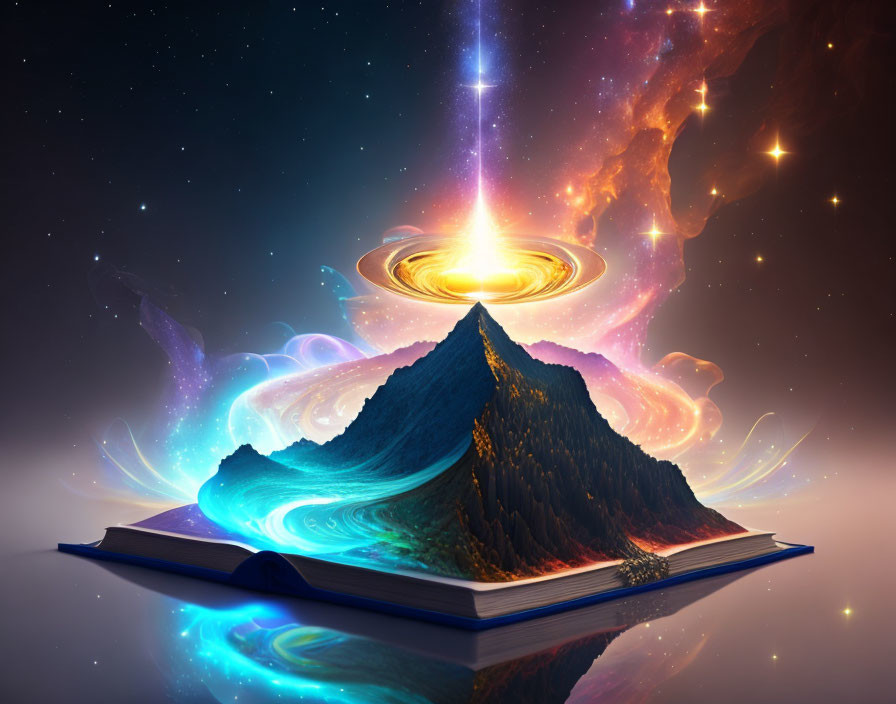 Surreal open book with mountain, nebulae, galaxy