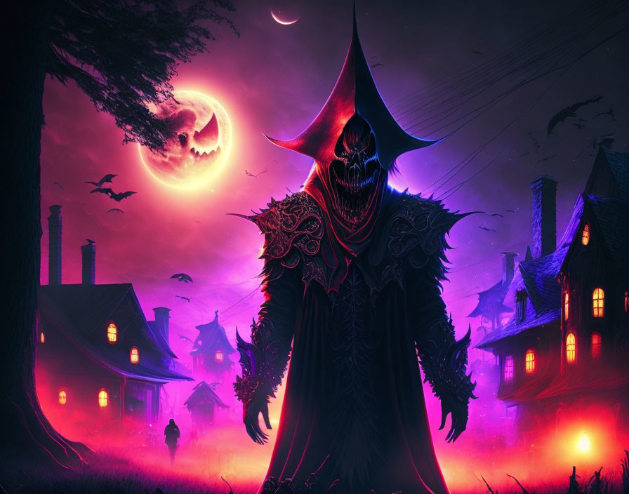 Dark figure in horned mask under crescent moon with eerie houses.