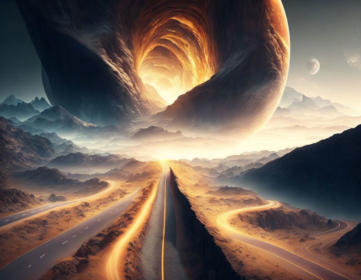 Highway leading to swirling vortex in surreal mountain landscape