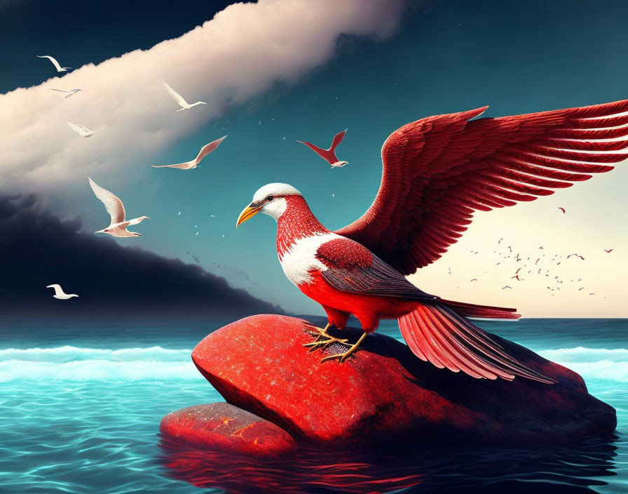 Red Bird with Outstretched Wings Perched on Rock by Tranquil Blue Sea