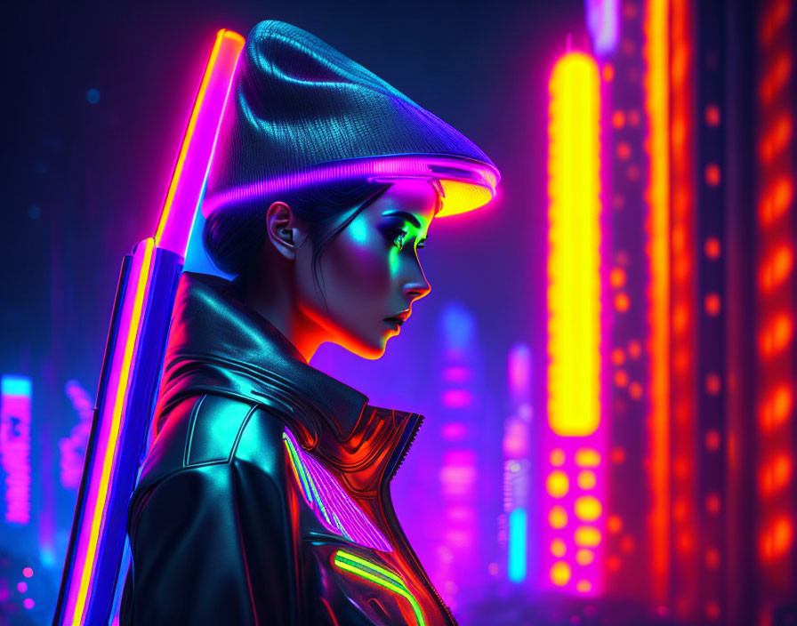 Futuristic woman in high-tech suit against neon-lit cityscape