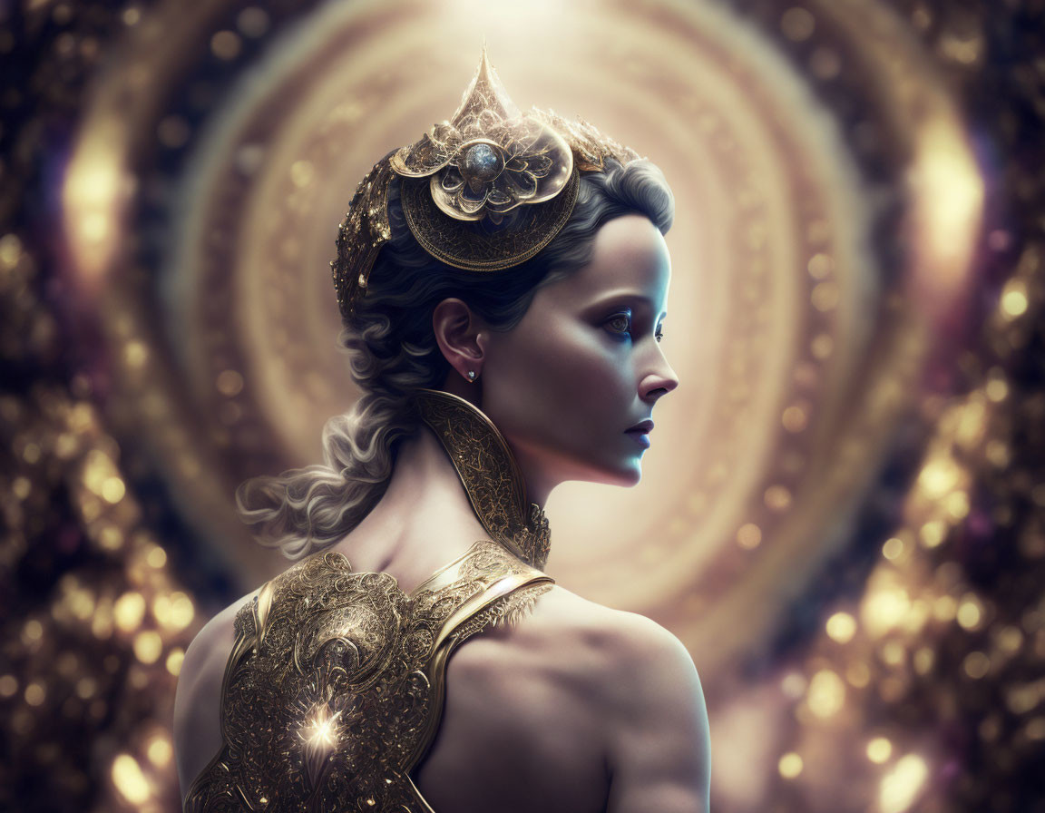 Woman with ornate golden headgear and shoulder armor on circular bokeh background