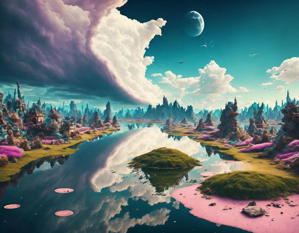 Colorful Vegetation, Serene River, Dramatic Clouds: Surreal Landscape with Distant