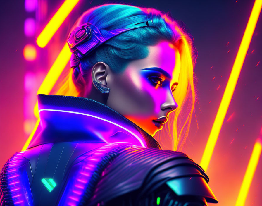 Colorful cyberpunk portrait of woman with blue hair and neon lights