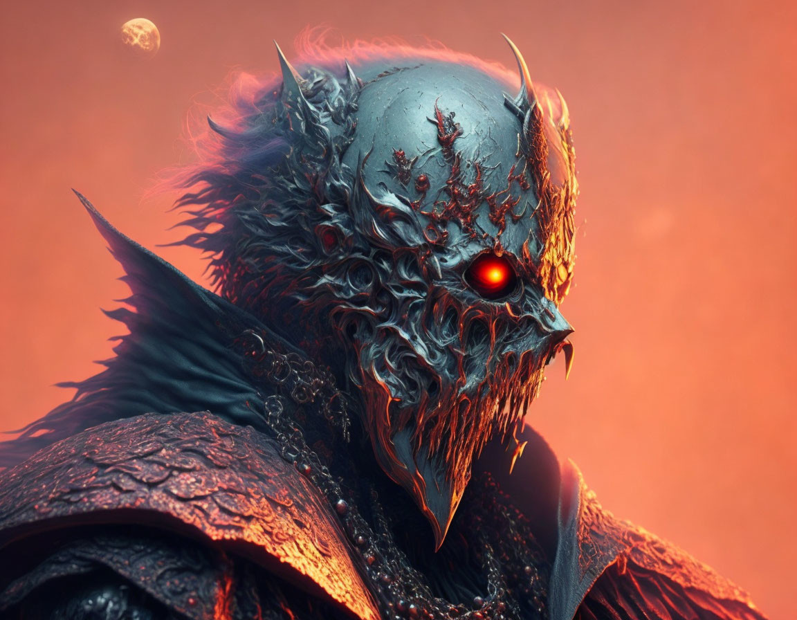 Menacing figure in spiked helmet on fiery red backdrop with moon