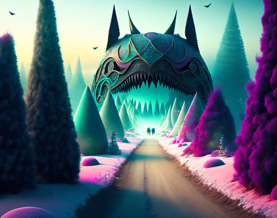 Vibrant oversized helmet structure in fantastical landscape