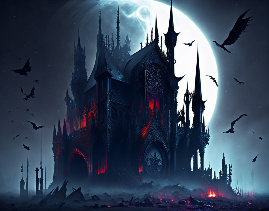 Gothic cathedral under moon with bats in eerie landscape