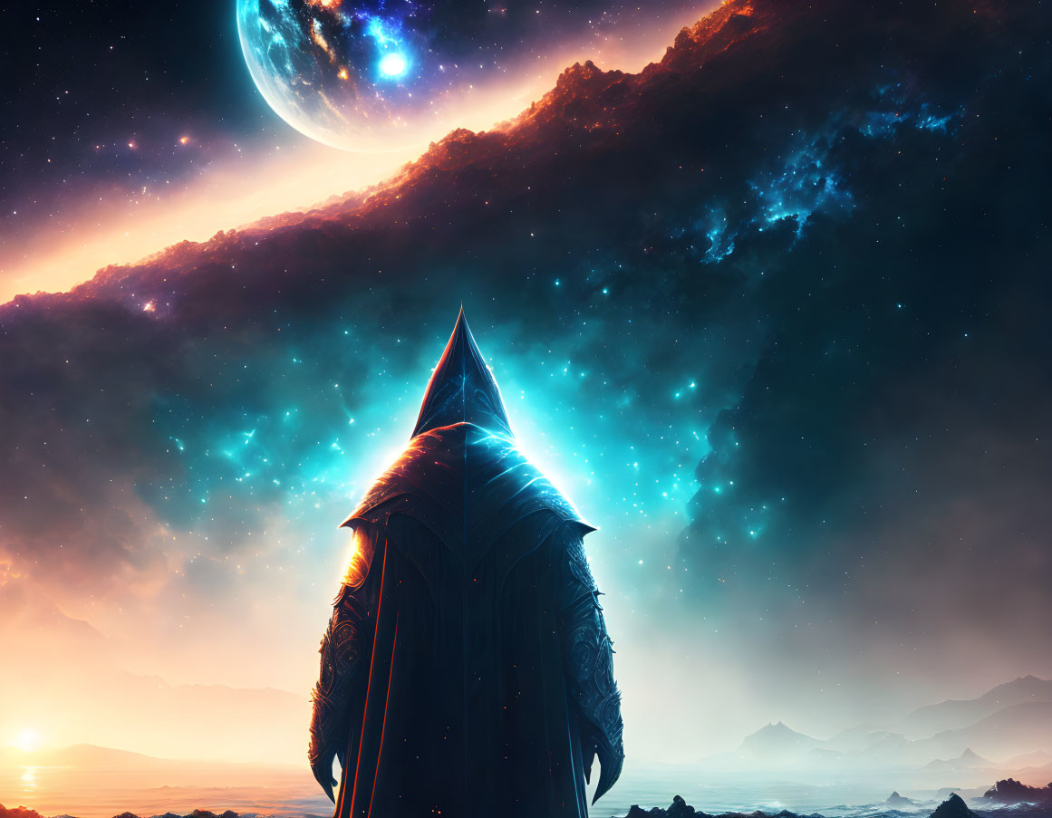 Cloaked figure in cosmic landscape with planet and nebulae.