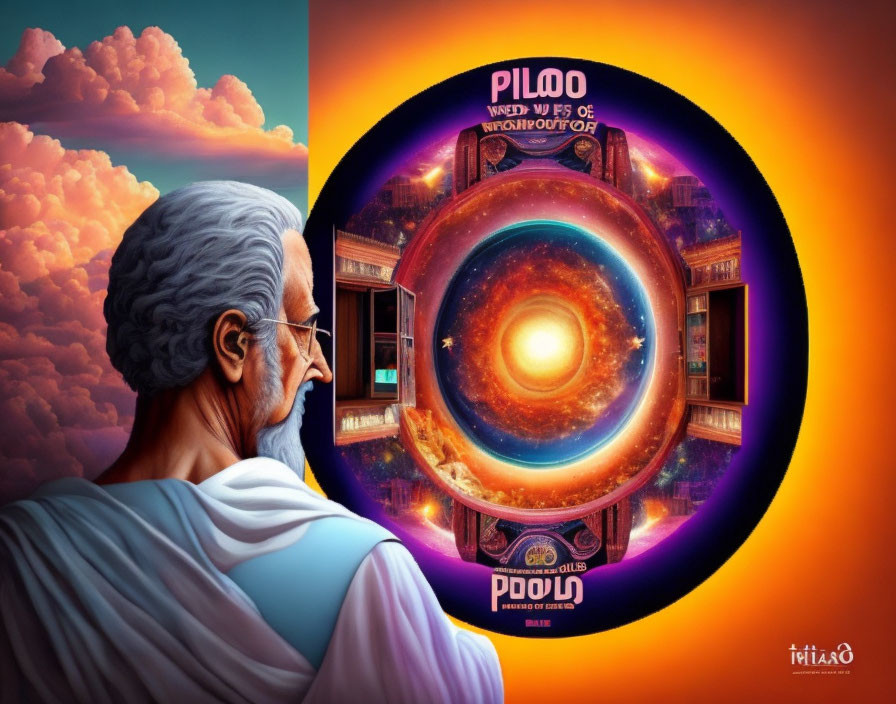 Man in toga gazes at cosmic portal with futuristic city, featuring bold "PILAO