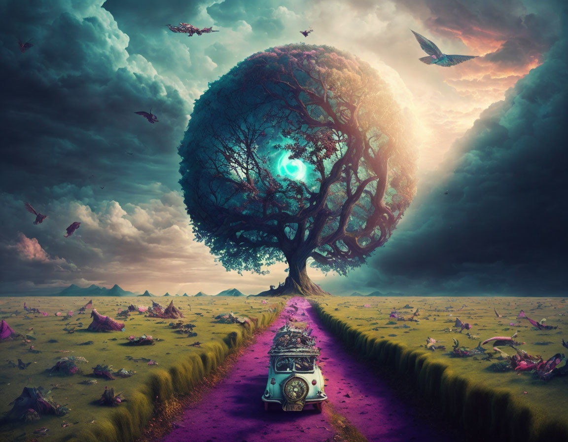 Vibrant purple path through fantastical landscape with colossal tree and flying creatures.