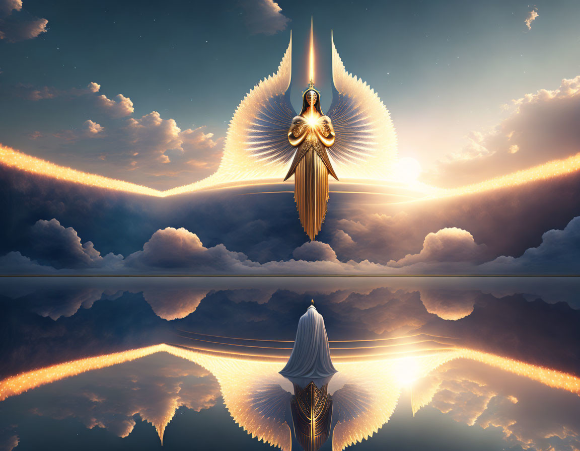 Surreal angelic figure with wings over serene waters at dusk