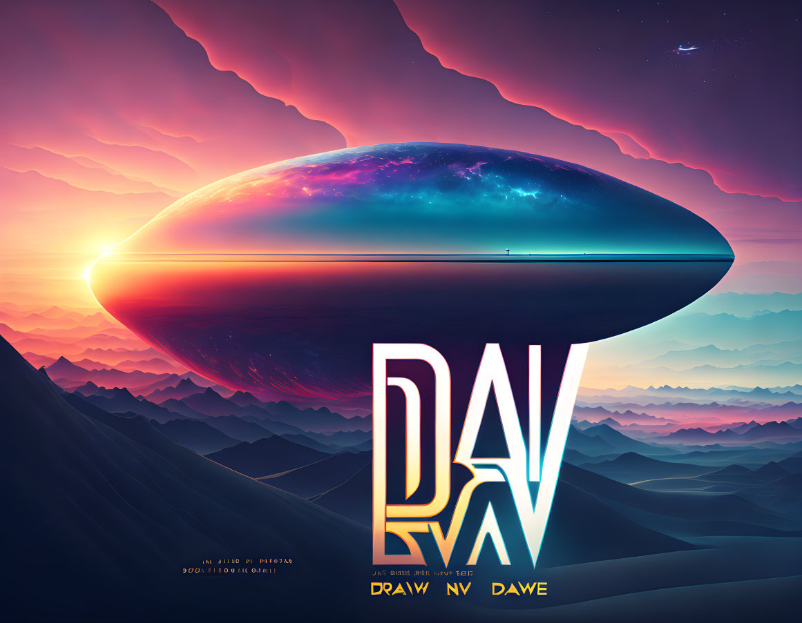 Retro-futuristic UFO illustration over sunset mountain landscape