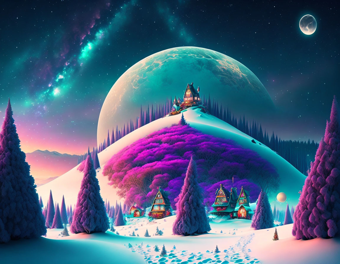 Colorful Fantasy Landscape with Moon, Trees, and Aurora