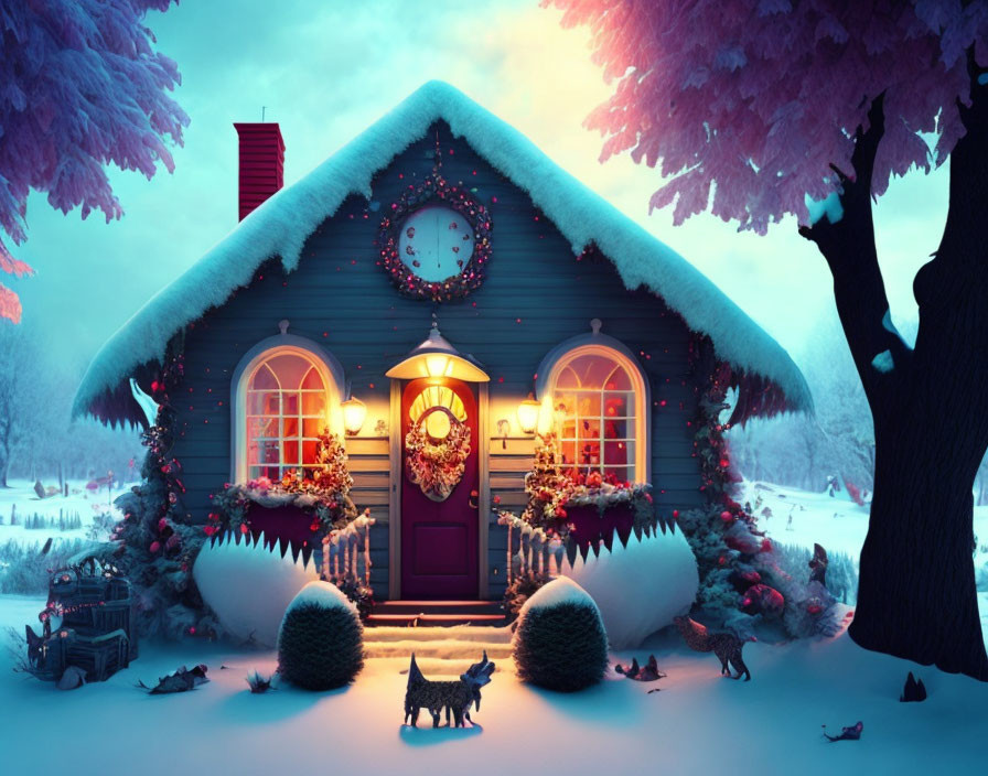 Cozy Christmas-themed house in snowy twilight with pets