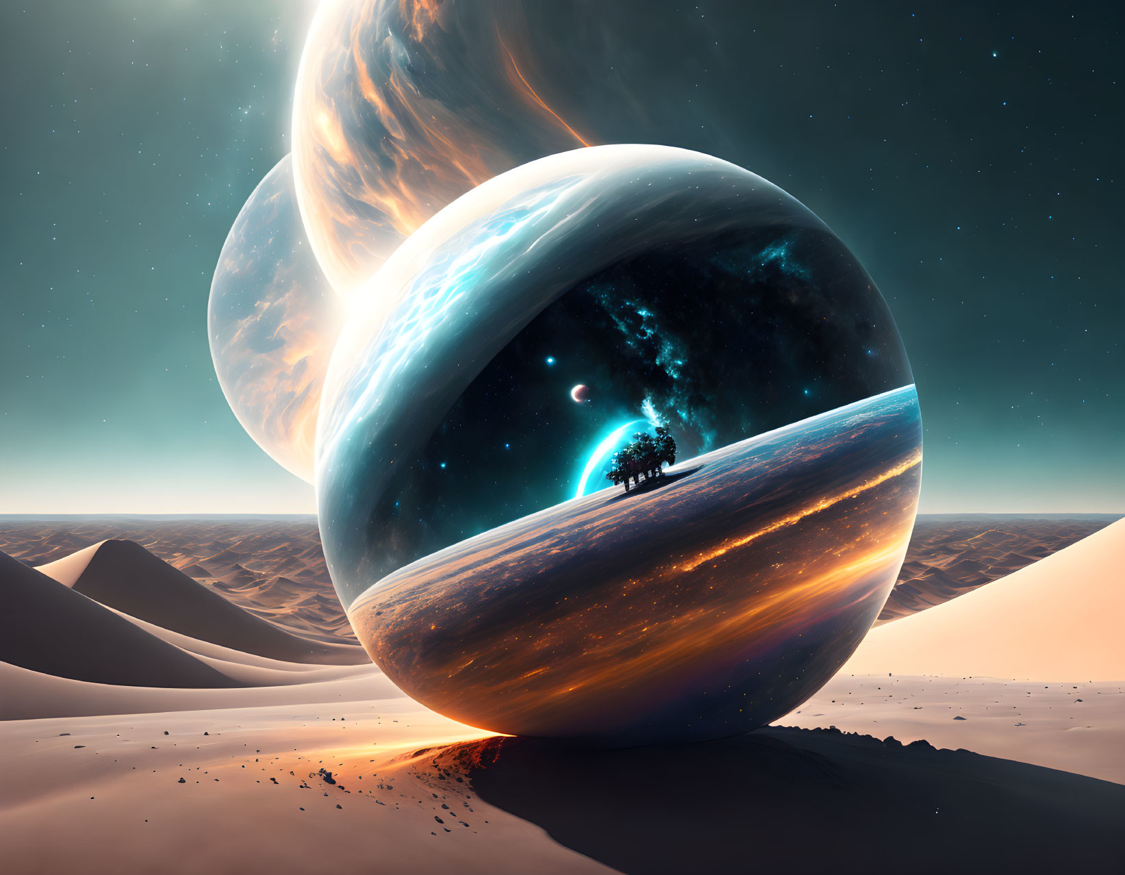 Surreal desert landscape with reflective orbs and celestial scenes