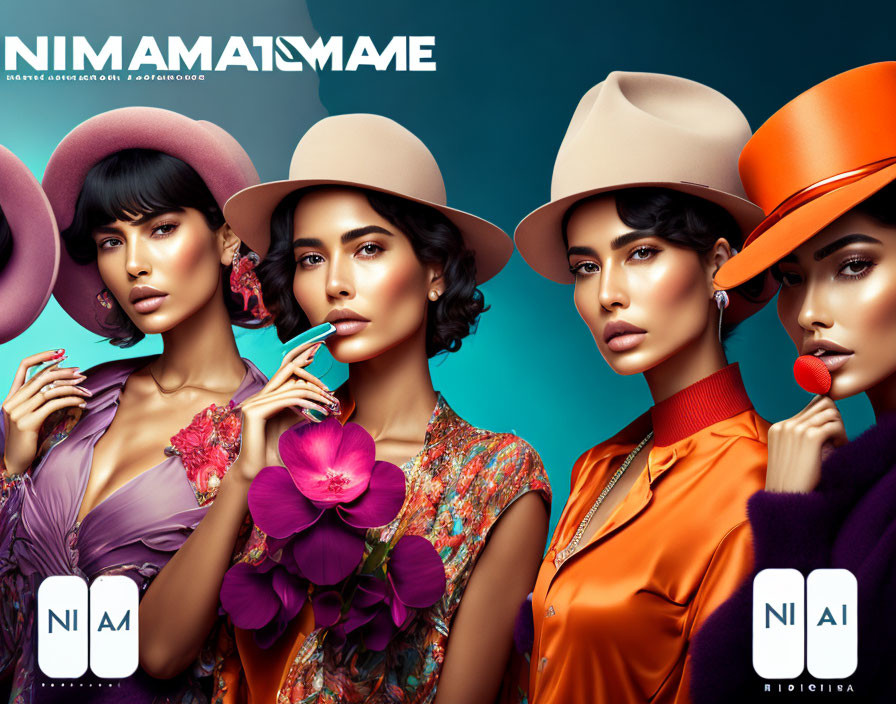 Four women with striking makeup and stylish hats in bold colors posing on teal background