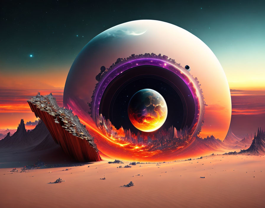 Glossy sphere reflecting cosmic scene in surreal landscape