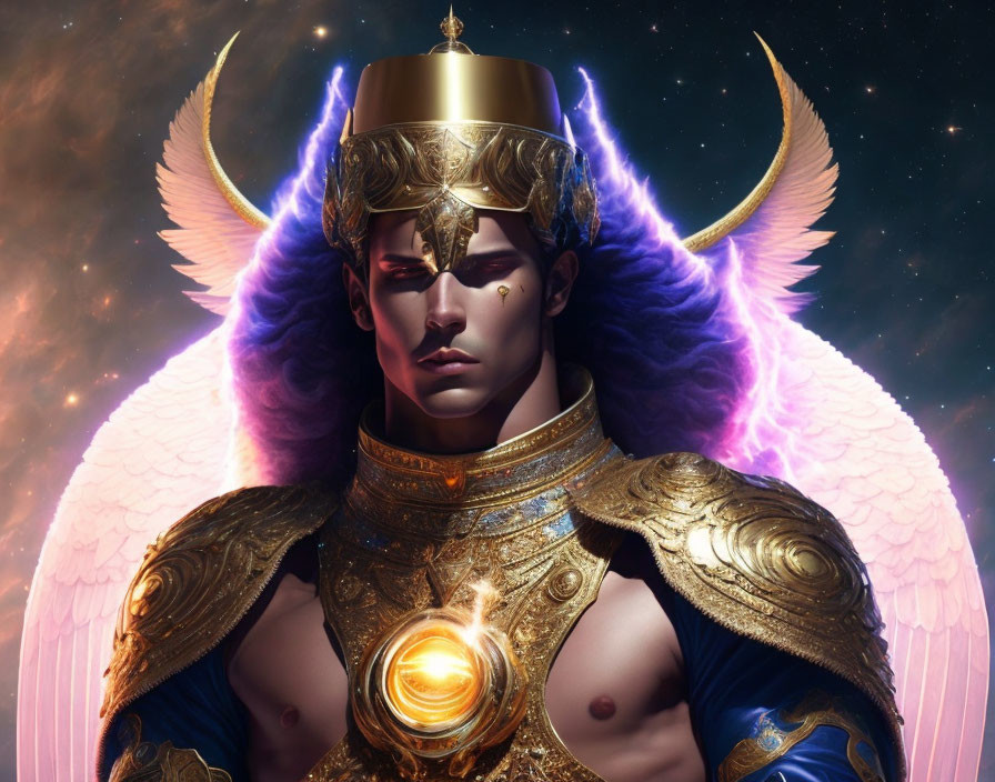 Golden-armored character with glowing chest piece and horned helmet in starry setting