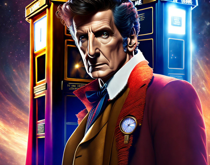 Stylized man with wavy hair in coat and bow tie, surrounded by police box-style structures