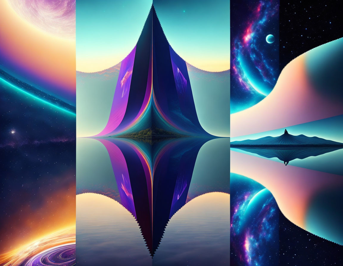 Symmetrical Spire Reflection Triptych with Cosmic Theme