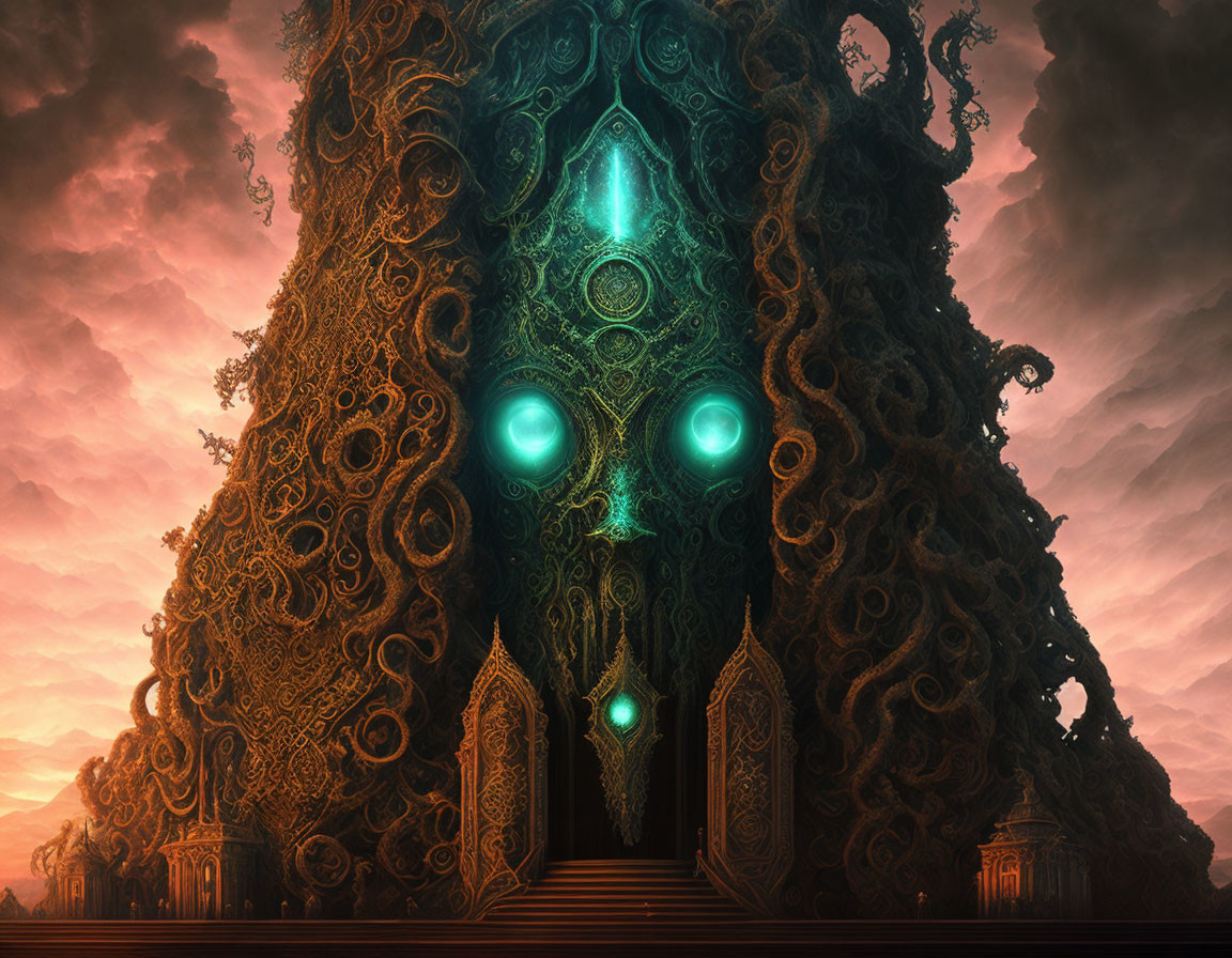 Fantastical tree structure with glowing green portals in moody crimson sky