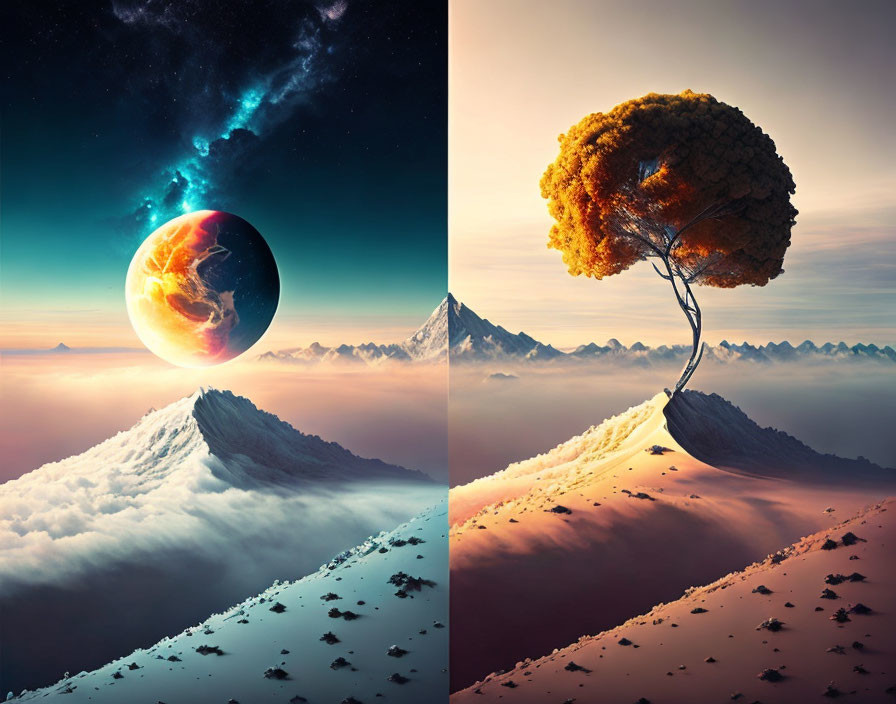 Split-image artwork: cosmic planet above mountain peak, lone tree on desert ridge.