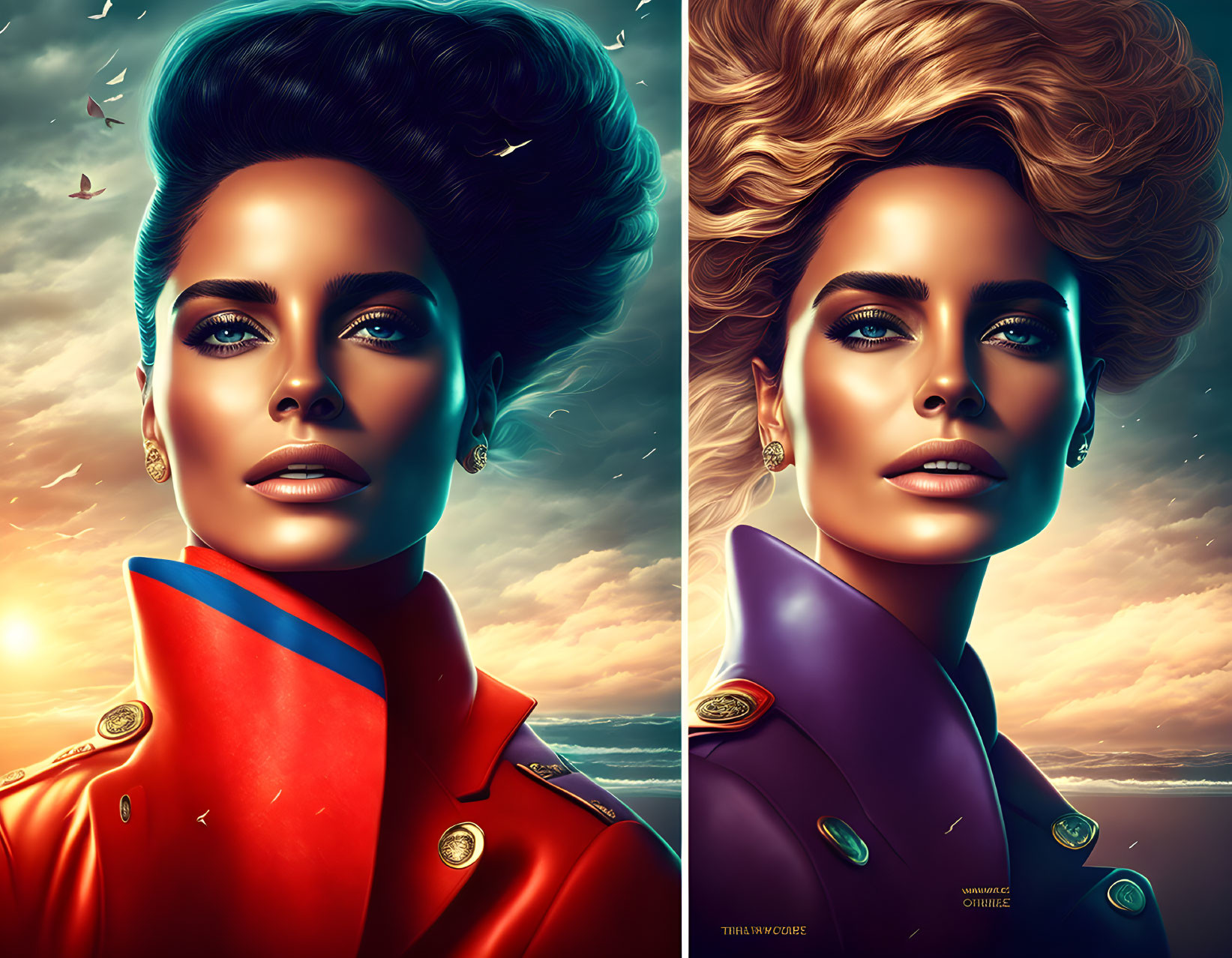 Stylized portrait of a woman in vibrant colors and retro-futuristic fashion.