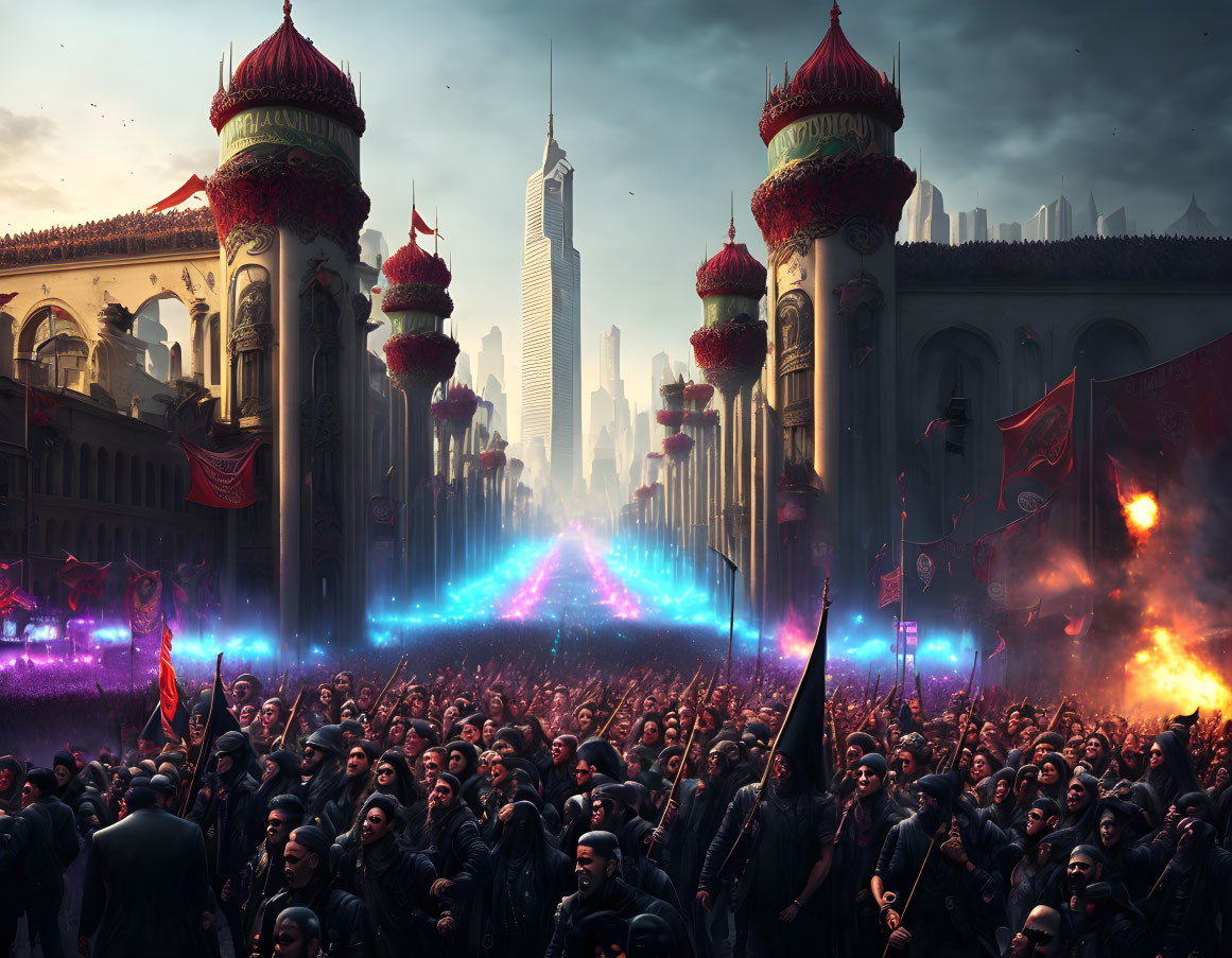 Futuristic cityscape with raised fists and force field