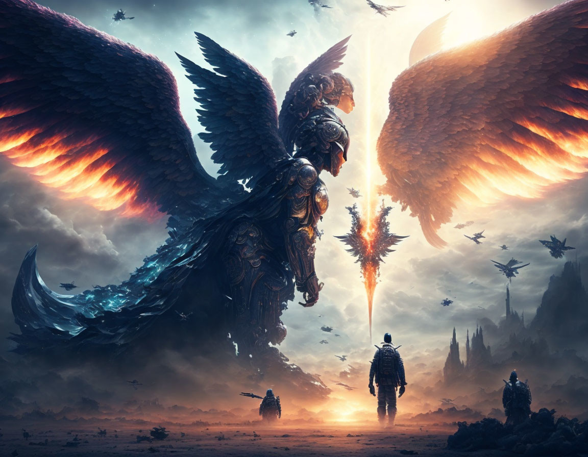 Armored angel with fiery wings in apocalyptic landscape