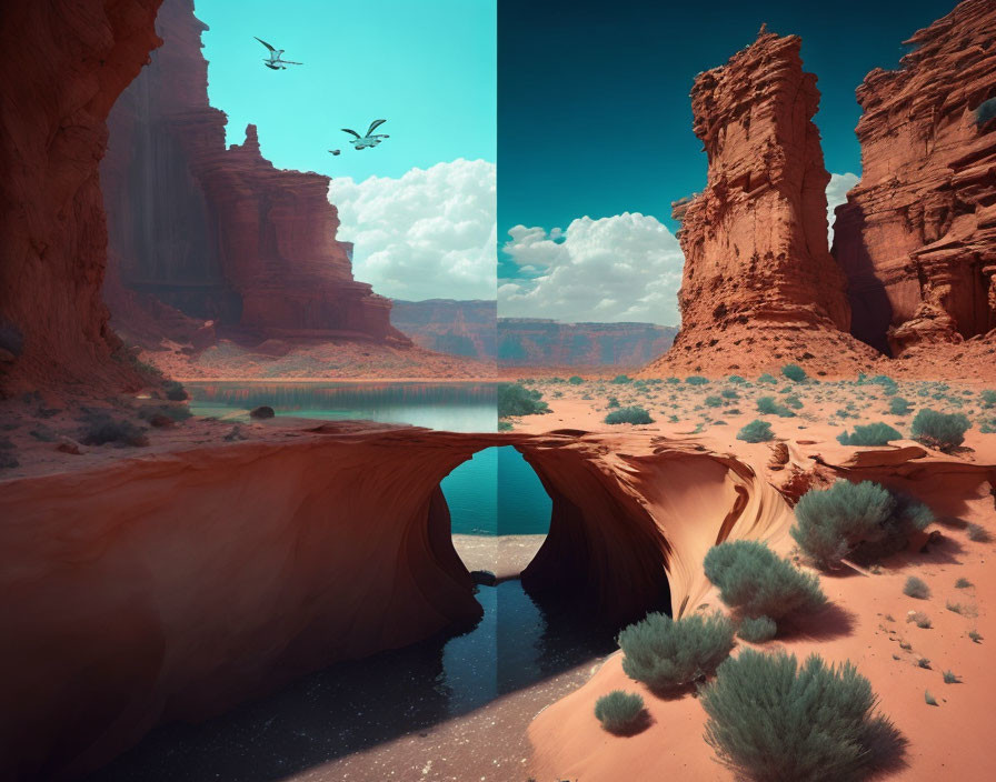 Vibrant surreal landscape with natural arch, red cliffs, birds, and vegetation