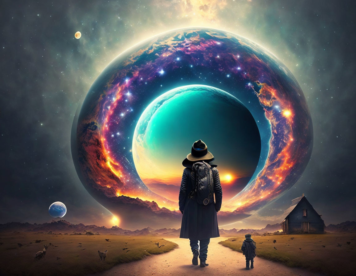 Person and child gaze at surreal planetary sphere in sky with celestial bodies and rustic house.