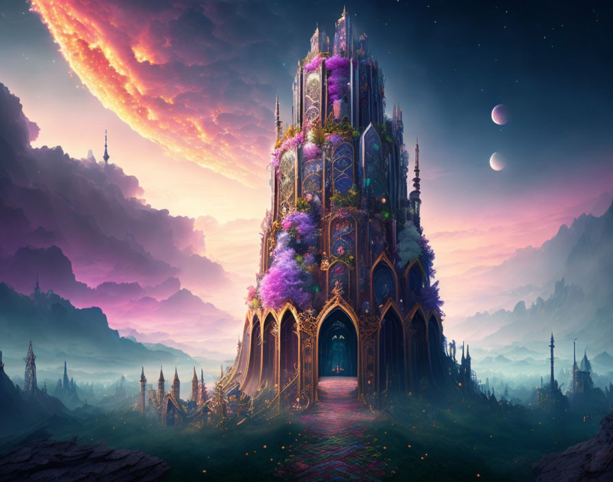 Fantasy castle with purple flora under twilight sky and surreal landscape.