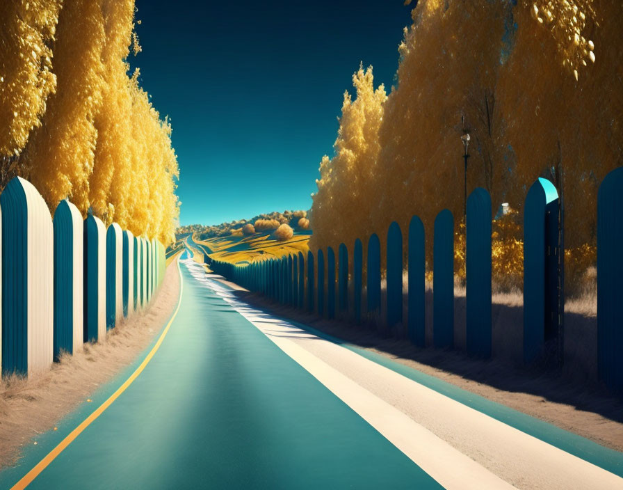 Tranquil road with yellow trees and blue fence under clear sky