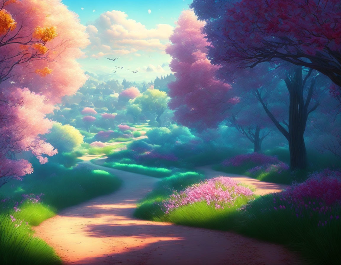 Vibrant blossoming forest with winding path under soft sky