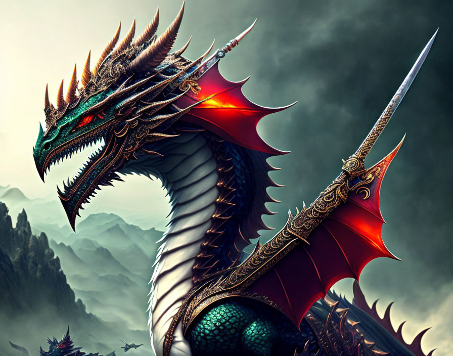 Dragon with iridescent scales, horns, and sword in misty mountain scene