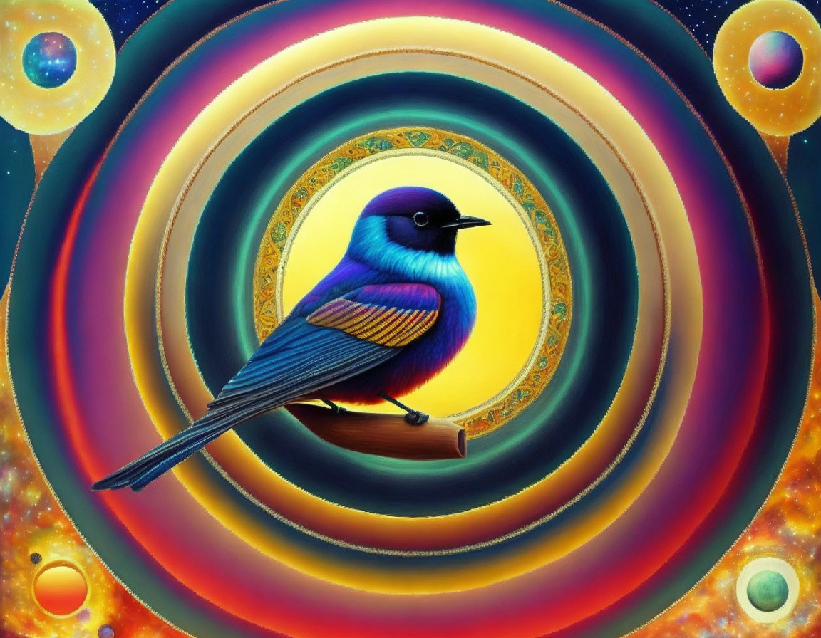 Colorful Bird with Blue and Yellow Plumage in Surreal Celestial Scene