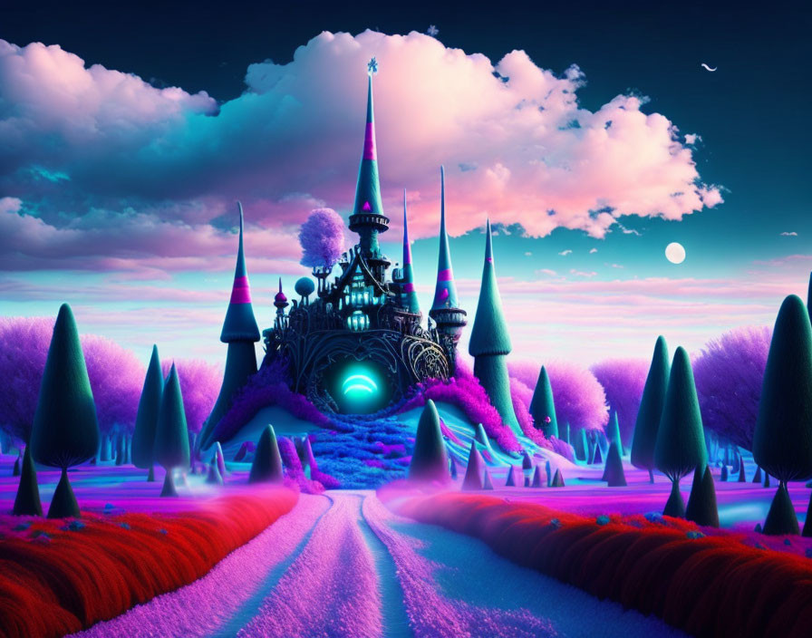 Fantastical castle with spires under purple sky and vibrant blue and pink trees.