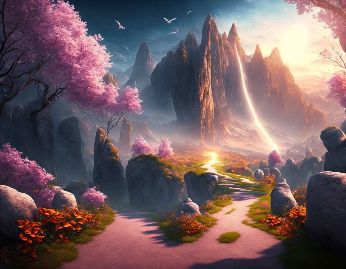 Fantasy landscape with cherry blossoms and mountains under a warm sky