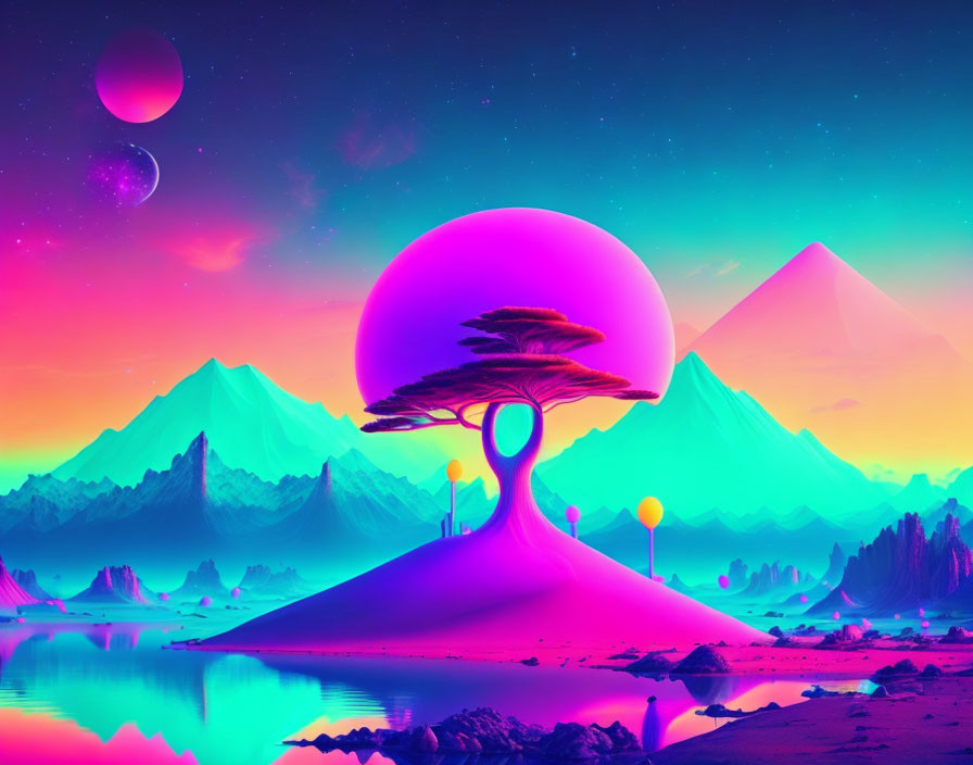 Surreal neon landscape with oversized tree and pyramid mountains